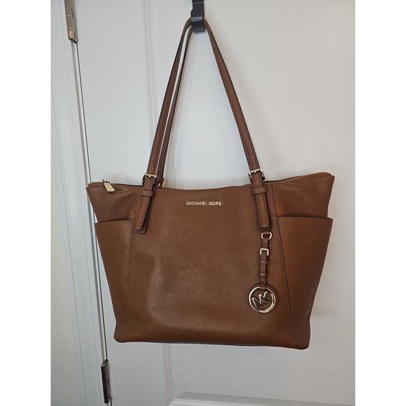 Michael Kors Handbags - Michael Kors Jet Set Saffiano Leather Tan Top Zip Tote Bag PURSE